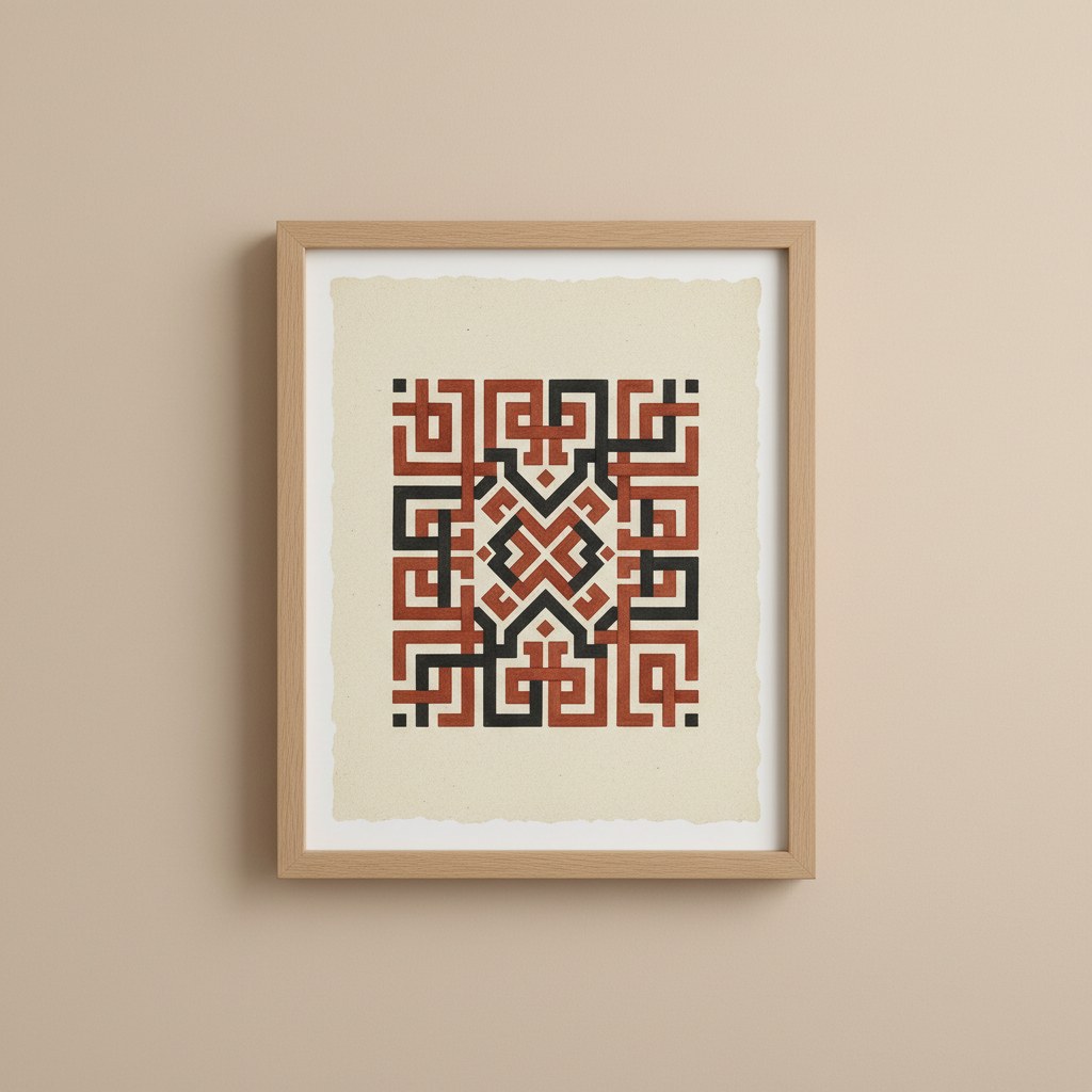 Naturel meşe çerçeveli, geometrik ma'kılî kûfî desenli levha